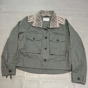 REI Co-OP Women M Olive Canvas Jacket‎ Fleece Collar Utility Military Hike3783